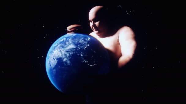 An artistic rendering depicts a baby in space gently holding or interacting with planet Earth against a starry black background.