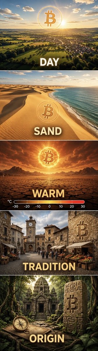 A five-panel image showing a Bitcoin symbol overlaid on different scenes—countryside, beach, cracked desert with a temperature gauge from -30°C to 30°C, a European village, and a jungle temple with a compass and stone—each captioned "DAY," "SAND," "WARM," "TRADITION," and "ORIGIN."

The visual reinforces the post's cryptic hint by layering the Bitcoin symbol across varied landscapes as if leaving symbolic clues about its journey from ancient origins through warmth and tradition into the present day.