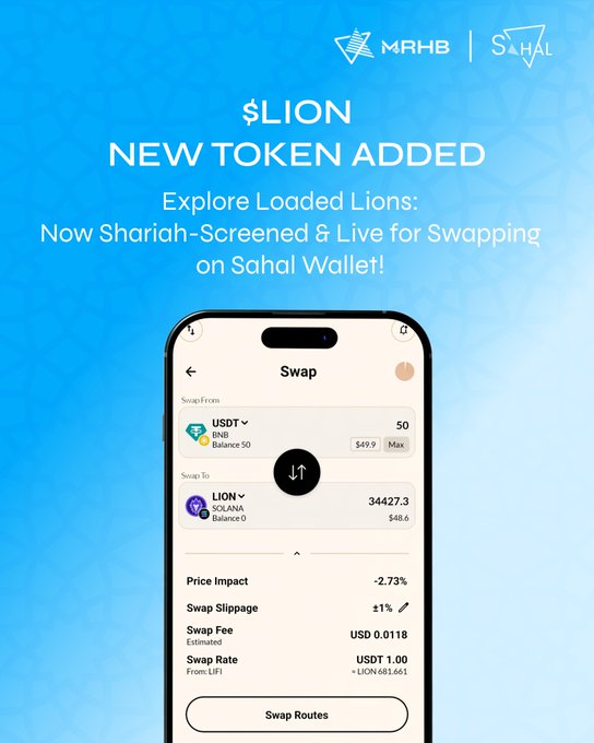 A promotional graphic with a blue background announces that $LION (Loaded Lions) has been added as a new Shariah-screened token available for swapping on Sahal Wallet, featuring a screenshot of the wallet's swap interface showing a conversion of 50 USDT (BNB) to 34,427.3 LION on Solana with a 1.00 swap rate. The MRHB and Sahal logos appear at the top, reinforcing the partnership behind the Shariah-compliant DeFi offering highlighted in the accompanying post.