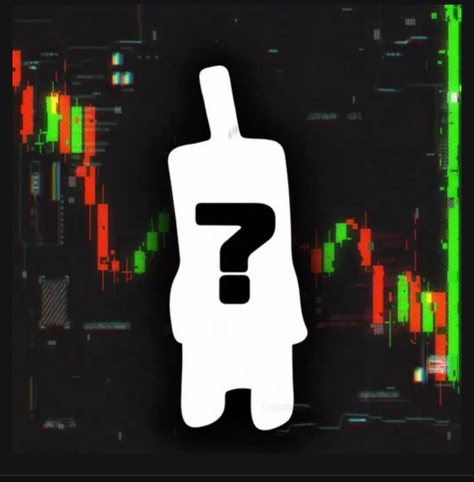 A white silhouette of a price tag with a question mark overlaid on a candlestick stock chart with red and green bars.