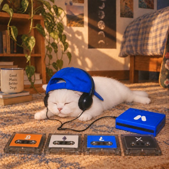 A sleepy white cat wearing a blue cap and headphones lies on a patterned rug beside a blue cassette player and four cassette tapes labeled with cryptocurrency symbols (Bitcoin, Ethereum, Litecoin, and XRP), while a mug reading "Good Music Better Days" sits nearby on stacked books, visually tying the post's message of using USDT as a starting point to choose crypto asset exposure—much like selecting a cassette tape for a desired vibe—into a cozy, nostalgic "RealStocks" trading metaphor on MEXC.