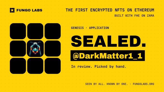A yellow promotional graphic similar to Image 2 from Fungo Labs advertising encrypted NFTs on Ethereum, featuring a dark hooded character with '$13' and the handle '@' on a 3x3 grid.