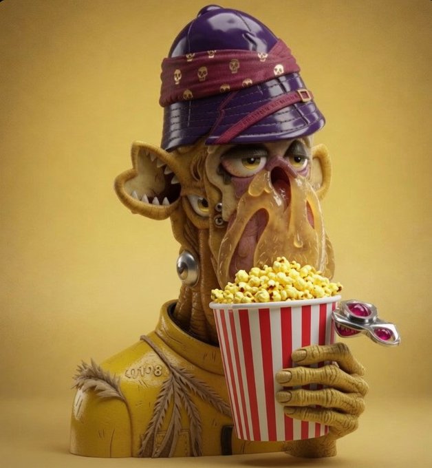 A 3D rendered illustration of a grotesque zombie-like character wearing a purple bandana hat and a yellow hoodie, holding a bucket of popcorn with popcorn spilling from its mouth.