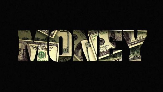 The word 'MONEY' displayed in large letters filled with imagery of US dollar bills against a dark background.