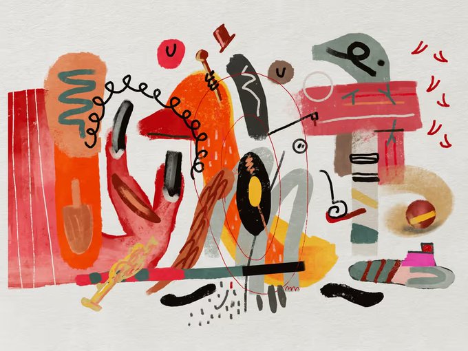 The image features a painting filled with various shapes and colors that appear to be abstract art. The artwork includes elements such as a bird, a telephone cord, and other objects like a ball and a shoe. The painting is displayed against a white background, which makes the colors stand out even more. The post about the artist's new home on Instagram has been shared with this artwork, indicating that it has found a new audience who appreciate its unique style and creativity.