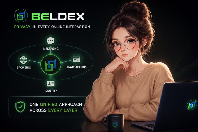 An advertisement for 'BELDEX' highlighting privacy in online interactions across messaging, browsing, transactions, and identity, featuring an illustrated woman with glasses and a laptop.