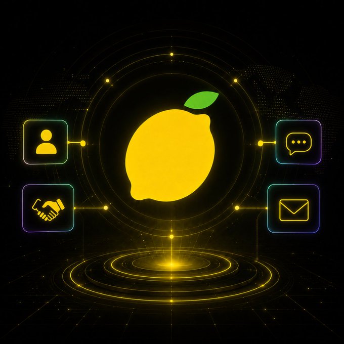 A glowing yellow lemon icon sits in the center of concentric rings, connected by lines to four app-like icons representing a user profile, chat, handshake, and email.