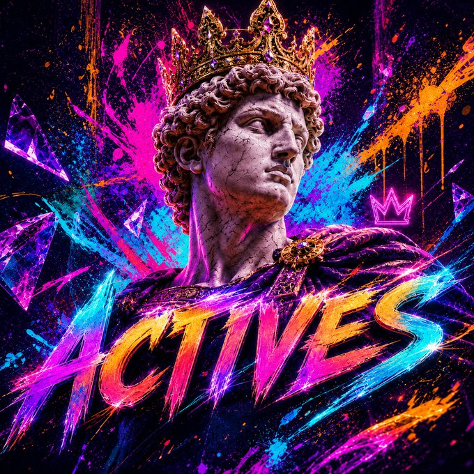 A crowned Greek statue bust is rendered in vivid neon paint-splatter colors with the word "ACTIVES" displayed in bold, colorful brushstroke lettering across the bottom. The image aligns with the post's giveaway theme, visually emphasizing the "actives" requirement to win a share of the 0.4 SOL prize pool.