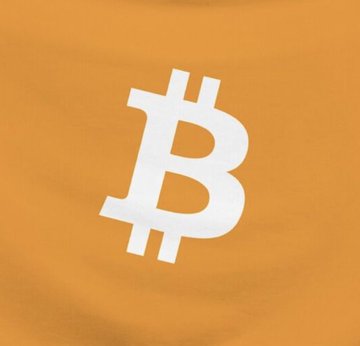 A close-up view of the Bitcoin logo (a stylized white 'B' with two vertical strokes) centered on an orange fabric background, likely a flag.