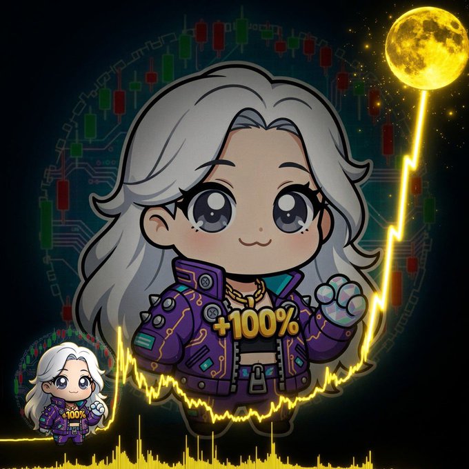 A chibi-style anime character with white hair wears a purple jacket with '+100%' on it, set against a background of stock charts and a yellow moon.