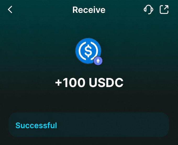 A successful crypto transaction screen showing the receipt of +100 USDC, with the USDC and Ethereum logos visible and a 'Successful' status confirmation.