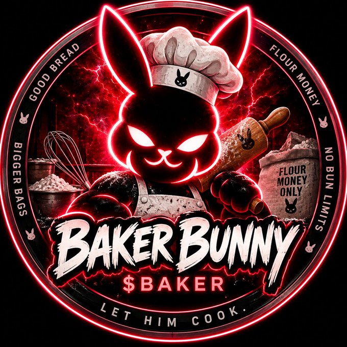 A circular neon-style emblem featuring 'Baker Bunny $Baker' with a menacing bunny chef wielding a rolling pin, surrounded by baking-themed text like 'Good Bread', 'Flour Money', and 'Let Him Cook'.