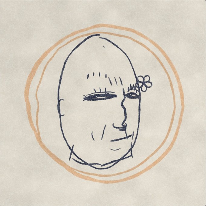 A minimalist line drawing of a stylized bald face enclosed within a peach-colored circular border, with a small flower near the eye.