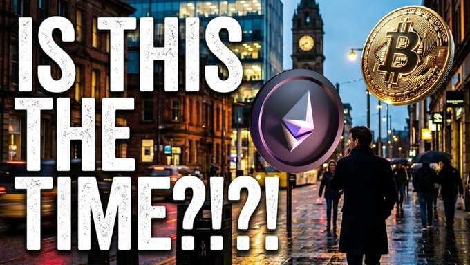 A YouTube-style thumbnail shows a rainy London street scene with the text "IS THIS THE TIME?!?!" alongside images of Bitcoin and Ethereum cryptocurrency coins.