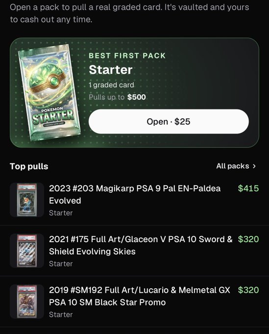 A mobile app screen for opening Pokemon trading card packs, featuring a "Starter" pack option for $25 and a "Top pulls" list showing cards like "2023 #203 Magikarp PSA 9" valued at $415.