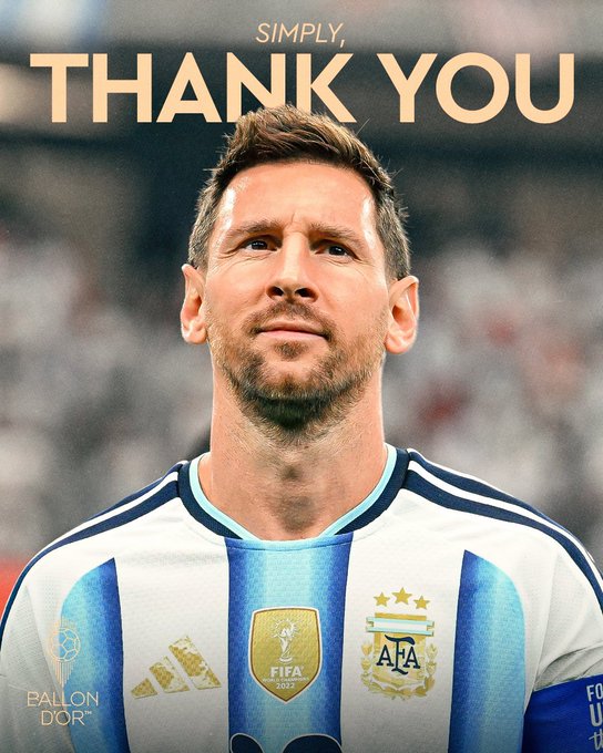 A close-up image of Lionel Messi in the Argentina national team jersey with the text "SIMPLY, THANK YOU" displayed prominently above him, along with "BALLON D'OR" and "FIFA WORLD CUP 2022" badges, appearing to be a tribute graphic celebrating his legacy. The image relates to the post's discussion of Argentina's World Cup run and Messi's championship moment, which had Polymarket traders believing in their victory.