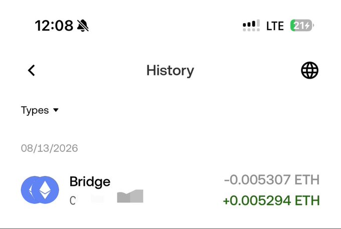 A mobile screenshot of a transaction history showing a Bridge transaction dated 08/13/2026 with amounts of -0.005307 ETH and +0.005294 ETH, illustrating the small amount being bridged to Robinhood as mentioned in the post about flipping $10 to $10k.