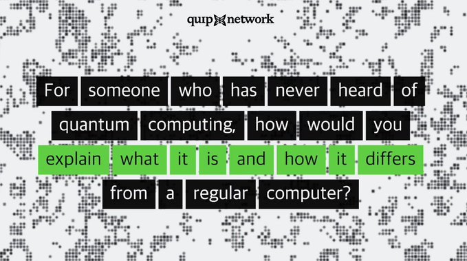 A qupixnetwork branded graphic asking the question 'For someone who has never heard of quantum computing, how would you explain what it is and how it differs from a regular computer?' overlaid on a pixelated world map background.