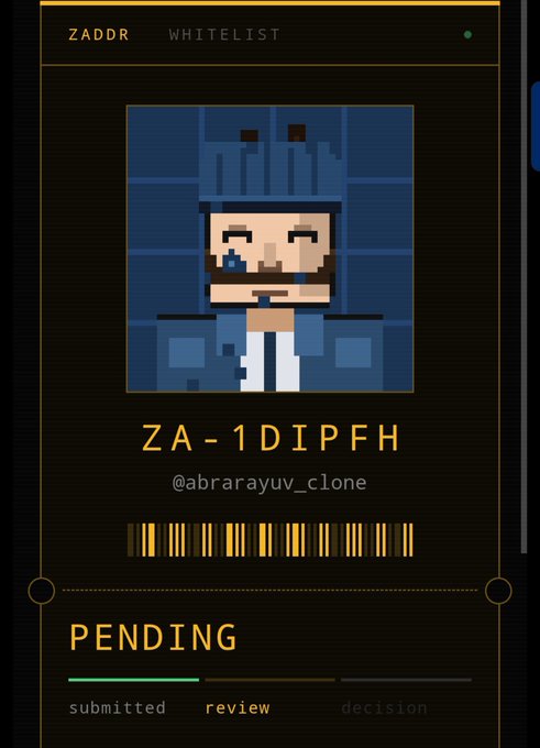 A digital ID card displaying a pixel art character in a blue cat-eared hat with the username 'ZADDR', ID code 'ZA-1DIPFH', handle '@abrarayuv_clone', and a 'PENDING' status with progress through 'submitted' and 'review' stages.