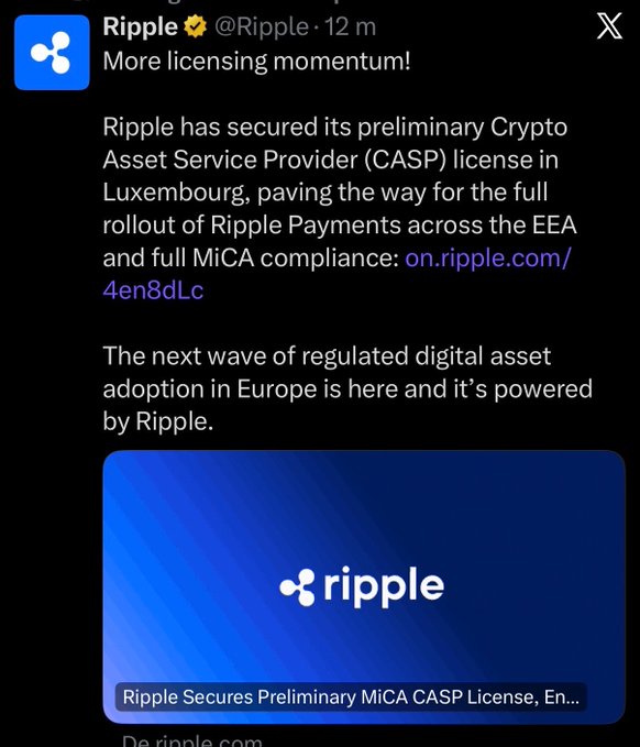 The image shows an advertisement for Ripple Currency services and a news article discussing the company's recent developments. The post is titled "Ripple Secures Absolute Banger into the Top Corner Right in the Heart of Europe's Financial Scene", which indicates that Ripple has made a significant financial achievement or secured something valuable. One part of the image features the text "Crypto-Asset Services Provider" and "CASP License". The rest of the ad displays the Ripple logo, indicating that the company is related to cryptocurrency services. The news article talks about Ripple securing an initial license in Europe as a Cryptocurrency Service Provider (CASP) provider. It also mentions Ripple paying in Ripple payments across the EEA and the recent approval of Ripple's ICO for issuing Ripple coins based on the EMA guidelines, making it clear that Ripple has successfully launched its ICO with regulatory compliance addressed. The image showcases Ripple in the midst of a financial development that is both significant and timely.