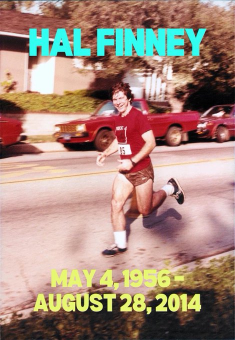 A vintage photo of a man running a marathon, captioned with the name 'HAL FINNEY' and the dates 'MAY 4, 1956 - AUGUST 28, 2014' in cyan and yellow text.