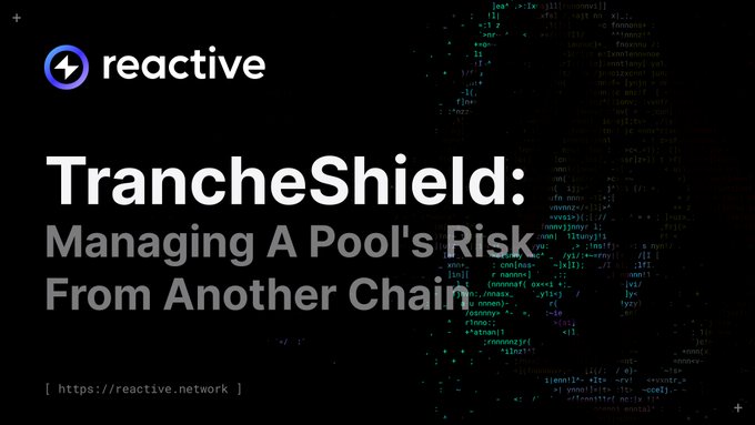 The image shows a dark-themed promotional graphic with the "reactive" logo in the top left, featuring the title "TrancheShield: Managing A Pool's Risk From Another Chain" alongside a faded background of code, and the URL "https://reactive.network" at the bottom. This graphic introduces TrancheShield, a Uniswap v4 hook developed by Ahmet Tahir Yıldız through Reactive's Uniswap Hook Incubator, designed to protect liquidity against impermanent loss.