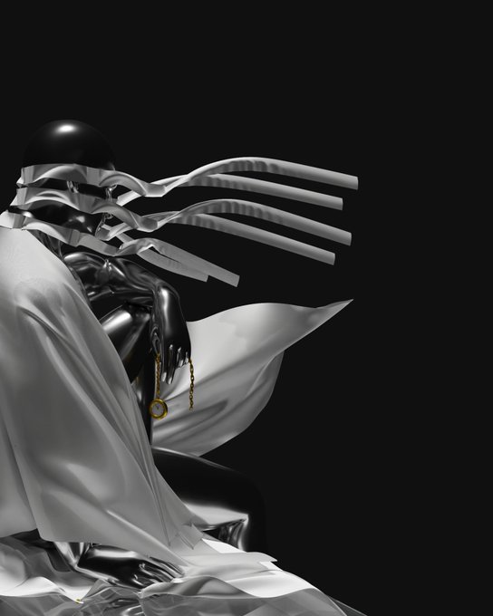 A high-contrast, monochromatic 3D render of a metallic, chrome-like figure draped in white fabric, wearing a headpiece with long horizontal prongs extending outward, and holding a gold chain with a circular pendant.