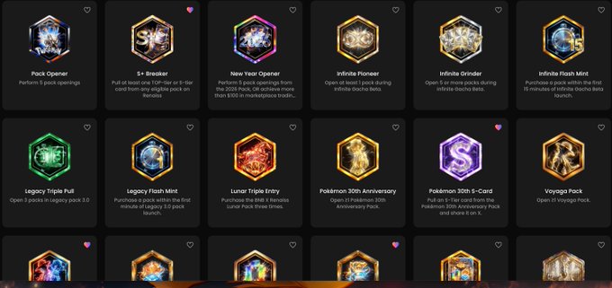 A grid of digital card pack icons including 'Pack Opener', '5+ Breaker', 'Raw Year Opener', 'Infinite Pioneer', 'Infinite Grinder', 'Infinite Flash Mint', 'Legacy Triple Pull', 'Legacy Flash Mint', 'Lunar Triple Entry', 'Pokémon 30th Anniversary', 'Pokémon 30th 5-Card', and 'Voyage Pack'.