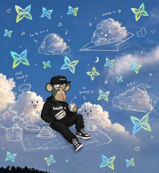 An illustration of a monkey in a black 'balenciaga' hoodie and cap sitting in the sky on a picnic blanket, holding a coffee cup, surrounded by drawn clouds with cute faces, glowing butterflies, and text like 'weee~' and 'chef cloud'.