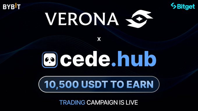 A promotional banner for a cryptocurrency trading campaign featuring 'VERONA' and 'cede.hub' logos, with text reading '10,500 USDT TO EARN' and 'TRADING CAMPAIGN IS LIVE,' alongside Bitget and BYBIT logos.