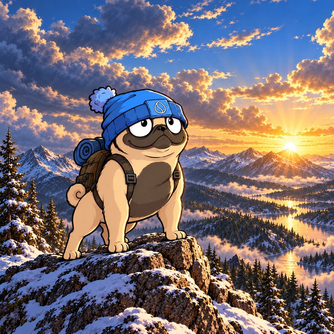 A cartoon pug wearing a blue knit beanie and a backpack stands on a snow-covered rocky cliff, overlooking a dramatic mountain landscape with lakes and a vibrant sunset sky.