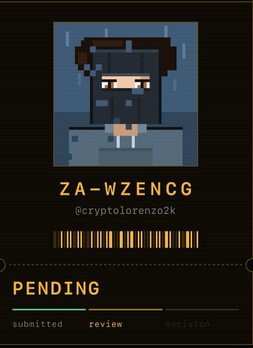 A pixel art character card displaying 'ZA-WZENCG' with the handle @cryptolorenzo2k, showing a pending status with progress bars for submitted, review, and decision stages.