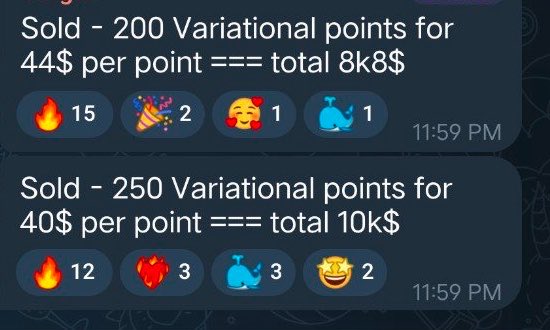 A screenshot of a chat conversation showing two sales announcements: "Sold - 200 Variational points for $44 per point === total $8k8" and "Sold - 250 Variational points for $40 per point === total $10k", both timestamped at 11:59 PM with reaction emojis. The image supports the post's claim about Variational (XP) tokens being sold on the OTC market at $44 per point, illustrating the recent price surge from $2 to $44.