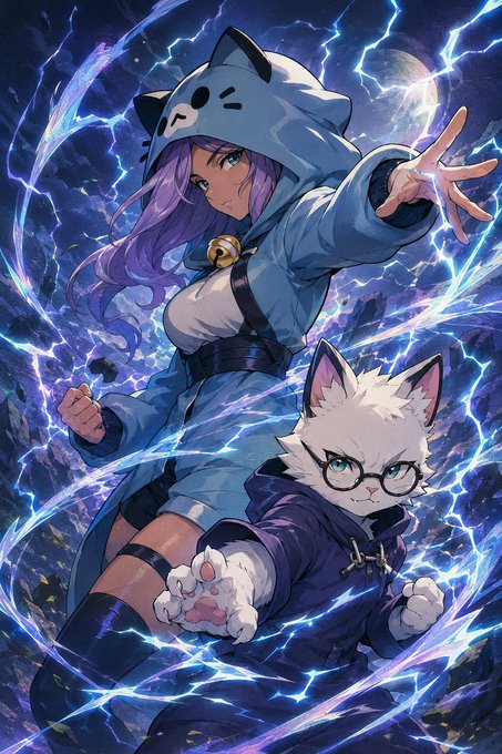 Anime-style artwork showing a girl with purple hair in a cat-ear hoodie posing dynamically alongside a white cat with glasses, both surrounded by blue energy effects.