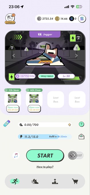 A mobile app screenshot of a fitness game called 'Jogger' featuring a runner character on a track, with stats showing Lv 30, 99.0/100.0 energy, and 157752304 currency, along with loot boxes and a START button.