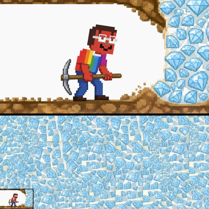 A pixel art image showing a character wearing glasses and a rainbow shirt holding a pickaxe on a dirt ledge, surrounded by diamond blocks above and below, with a small avatar in the bottom left corner—evoking a Minecraft-style mining scene to playfully frame the featured members of the StonkBrokers ecosystem.