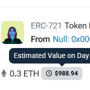 Token information showing ERC-721 Token 'From Null: 0x00...' with Estimated Value on Day of 0.3 ETH ($988.94).