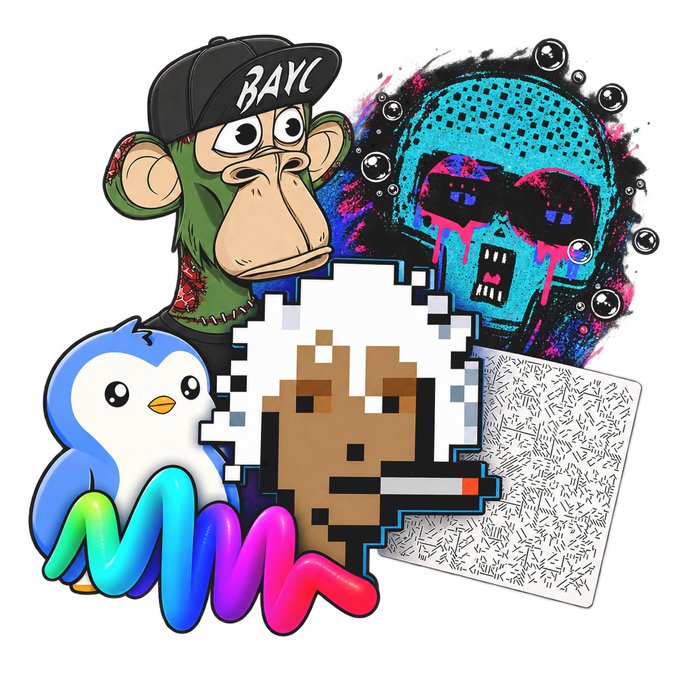 A vibrant collage featuring a Bored Ape-style monkey wearing a "BAYC" cap, a neon skull, a pixelated cat smoking a cigarette, a colorful penguin, and a scribbled artwork references the NFT collections eligible for free mint access, including CryptoPunks, BAYC, Autoglyphs, Chromie Squiggles, Pudgy Penguins, and Grifters.