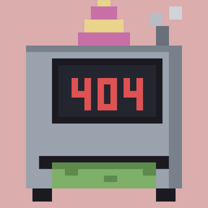 A stylized illustration of a gray device with a pink and yellow tiered top, displaying a red '404' error on its screen.
