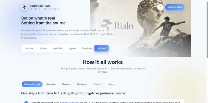 A webpage screenshot for 'Prediction Rialo' — 'An on-chain prediction market where each market resolves itself from a primary web source via oracle committee, no admin button. Built to run on Rialo in the future.'