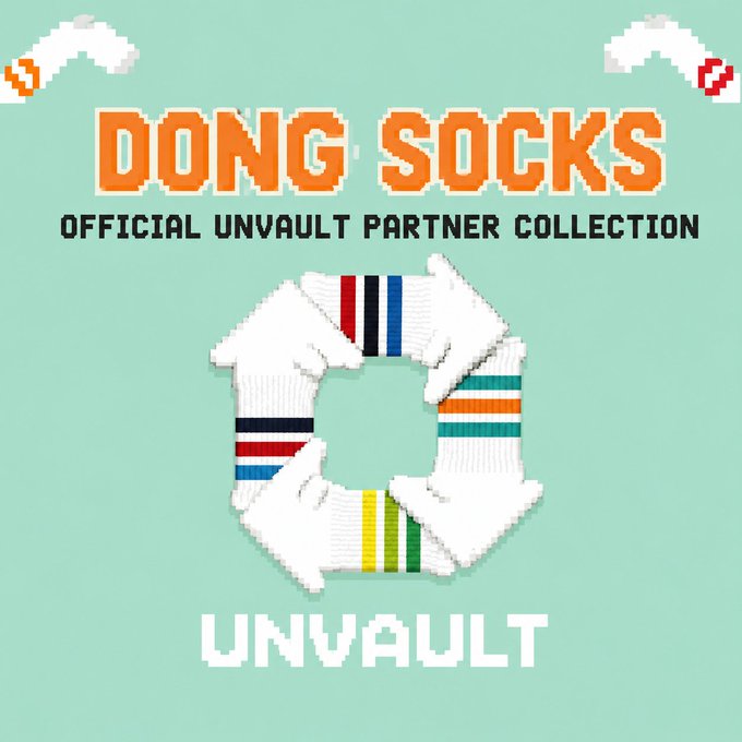 A pixel-art promotional graphic on a mint green background reads "DONG SOCKS" and "OFFICIAL UNVAULT PARTNER COLLECTION," featuring a circular arrangement of six white athletic socks with different colored stripes, with "UNVAULT" displayed at the bottom. The design announces the partnership between UnVault and DONG SOCKS to expand the NFT collection across multiple blockchains.