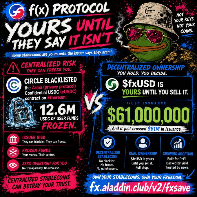 The image features a poster with a cartoon frog wearing sunglasses and holding a cigarette. The poster includes text that reads "Yours Until They Say It Isn't" and provides information about how to avoid getting frozen, including tips for using $USDC or $FXN-coded, read and monitored transactions.