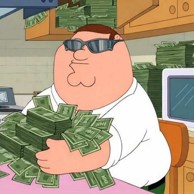 An animated cartoon character (Peter Griffin) wearing sunglasses and a white shirt holds large stacks of money labeled '100', surrounded by more cash.