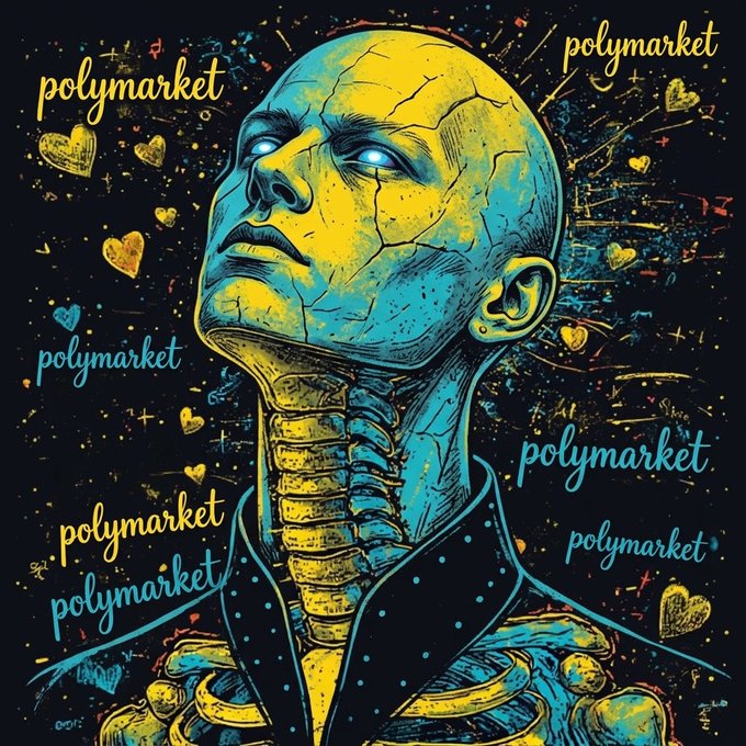 Stylized digital artwork featuring a cracked humanoid figure in blue and yellow tones, surrounded by hearts and the word 'polymarket' repeated throughout.