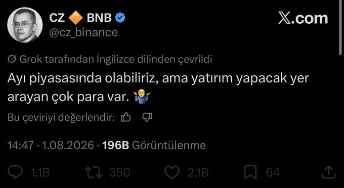 A tweet from CZ (Changpeng Zhao), the former CEO of Binance with a verified BNB badge (@cz_binance), reads "Ayı piyasasında olabiliriz, ama yatırım yapacak yer arayan çok para var" (translated from English by Grok as "We might be in a bear market, but there's plenty of money looking to invest"), accompanied by a celebrating emoji, posted on 1.08.2026 with 196B views. The image directly supports the accompanying post's claim of CZ's bearish market statement, though it notably omits the original "to invest" phrasing and the critical commentary about his prior "hold" advice.