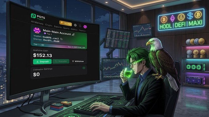 A green-haired anime-style trader with glasses sips green tea while watching markets on multiple screens, with an eagle perched on his shoulder in a high-tech trading room. The main monitor displays the "POTS" prediction market platform showing "Main-Main Account" with $152.13 available cash, a 1 Ko position, and tier 2 status, alongside a "HODL | DEFI | MAXI" neon sign, visually representing the post's point about using POTS' sub-account feature to organize separate prediction market positions rather than mixing everything into one account.