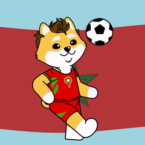 urnation of a Shiba Inu dog, dressed as a soccer player, kicks a black and white soccer ball against a red background with a green star.