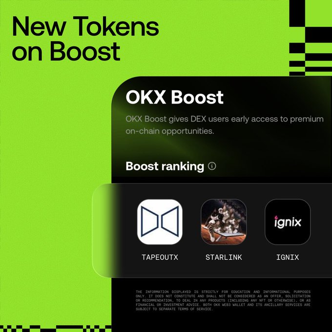 The image is a promotional graphic titled "New Tokens on Boost" highlighting three new tokens added to the OKX Boost rankings: $TAPEOUTX, $STARLINK, and $IGNIX, with text explaining that OKX Boost gives DEX users early access to premium on-chain opportunities, aligning with the post's announcement of these new token listings on XLayer.