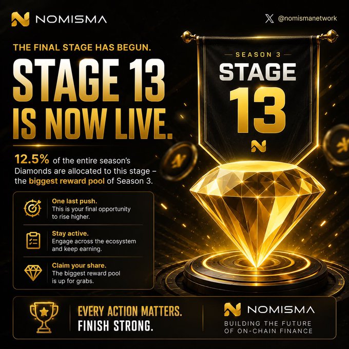 A promotional graphic for NOMISMA announcing "Stage 13 is now live" for Season 3, noting that 12.5% of the season's diamonds are allocated to this stage.