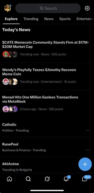 A Twitter/X mobile app screenshot showing the "Explore" tab with "Today's News" section, featuring a trending post about "$CATE Memecoin Community Stands Firm at $17M-$20M Market Cap" with 306 posts, directly relevant to the post discussing $CATE's continued trending status two weeks after launch.